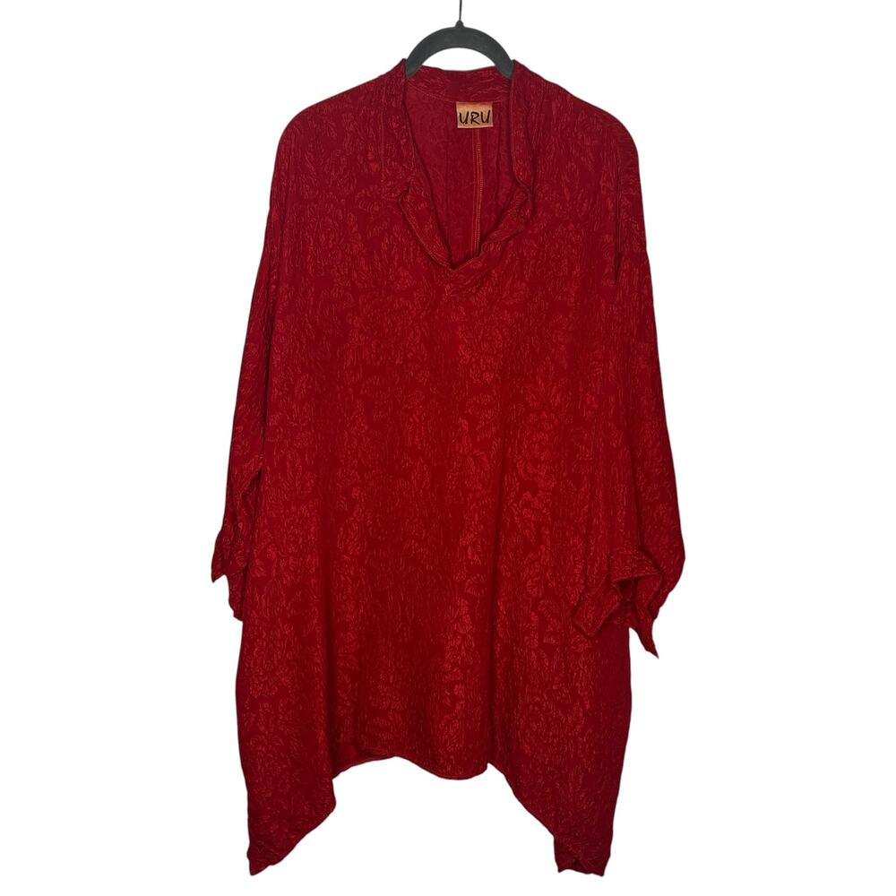 Uru Tunic Womens OSFM Red 100% Silk Brocade Textured USA Kaftan Flowy Oversized